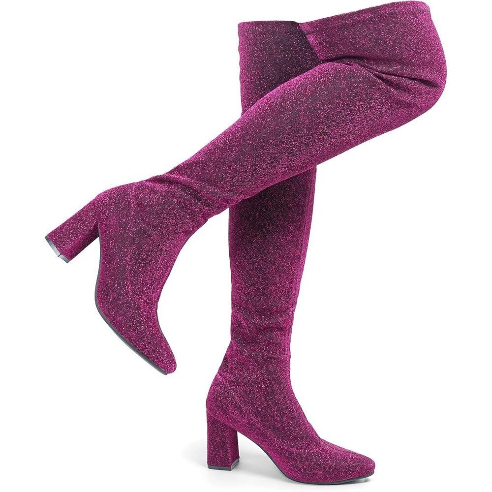 🆕Hawkwell Women Purple Chunky ThighOver The Knee High heel Boots Pointy toe